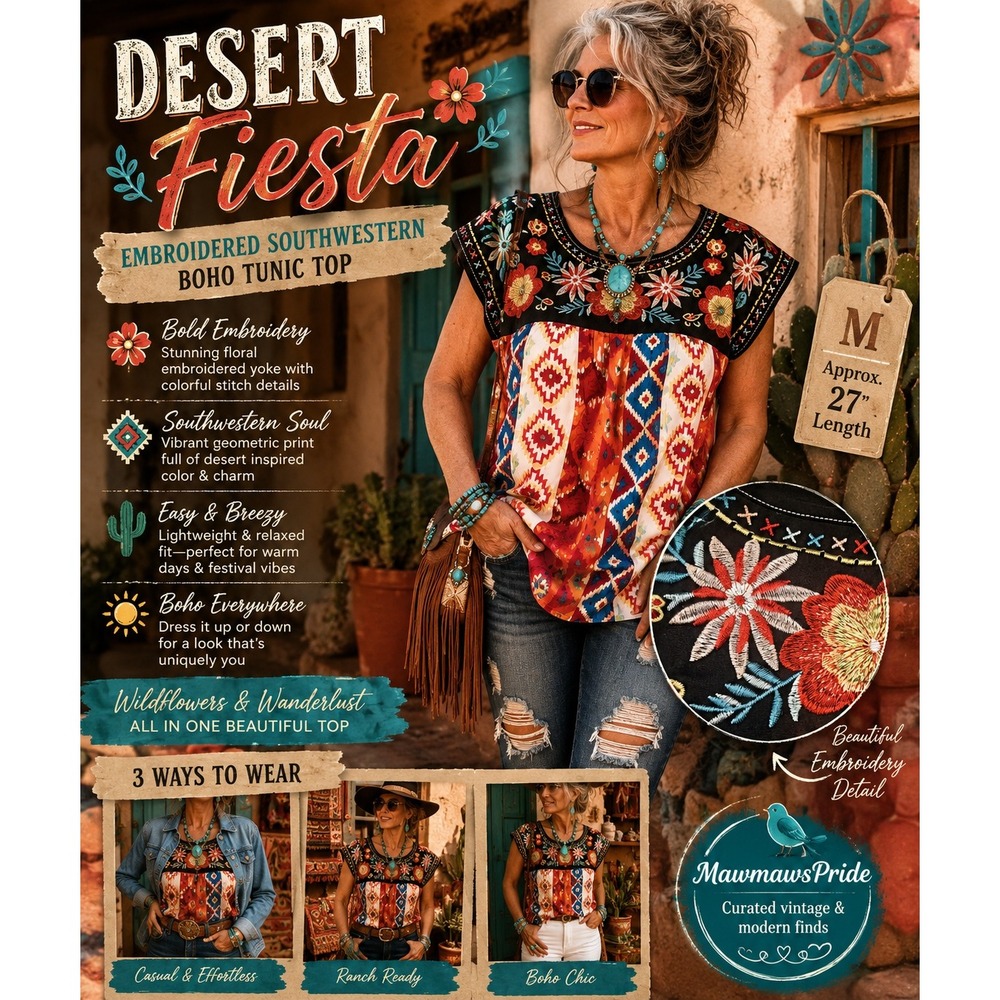 Desert Fiesta Embroidered Southwestern Boho Tunic Top Medium NWOT